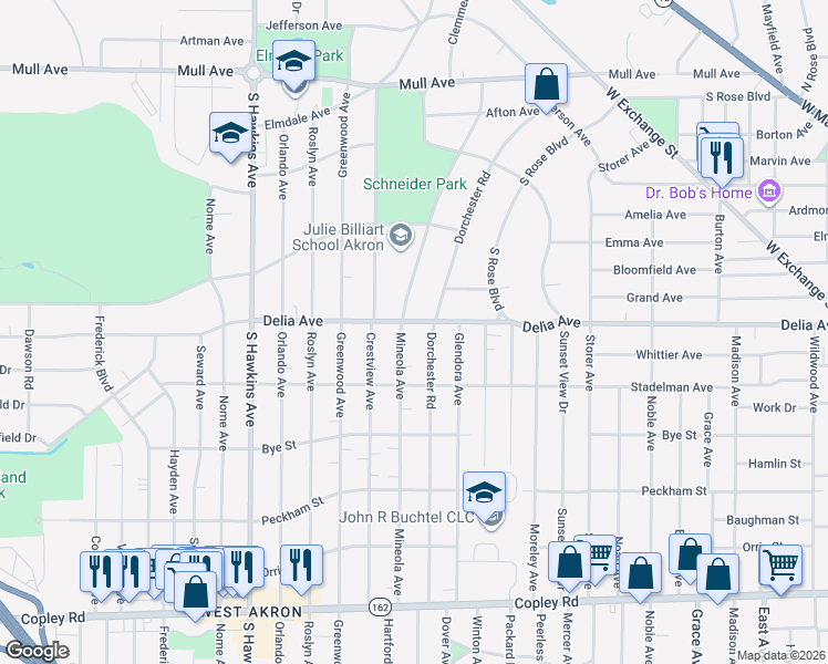 map of restaurants, bars, coffee shops, grocery stores, and more near 426 Dorchester Road in Akron