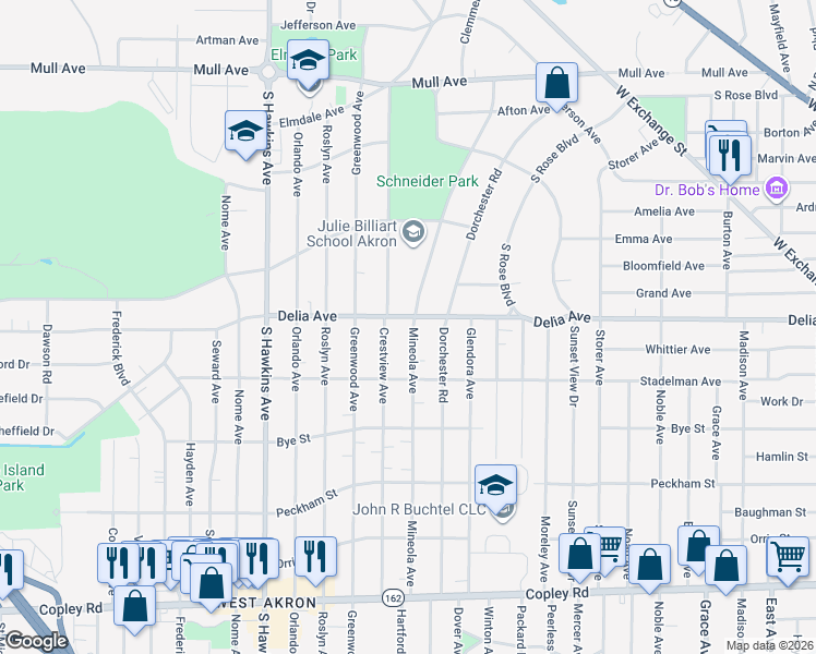 map of restaurants, bars, coffee shops, grocery stores, and more near 1327 Delia Avenue in Akron