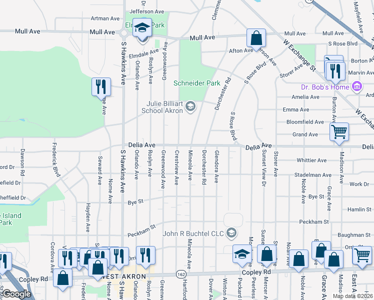 map of restaurants, bars, coffee shops, grocery stores, and more near 1327 Delia Avenue in Akron