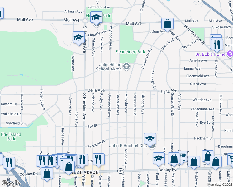map of restaurants, bars, coffee shops, grocery stores, and more near in Akron
