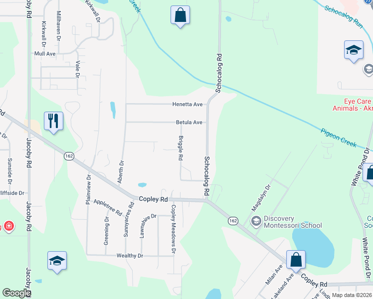 map of restaurants, bars, coffee shops, grocery stores, and more near 1215 Briggle Road in Akron