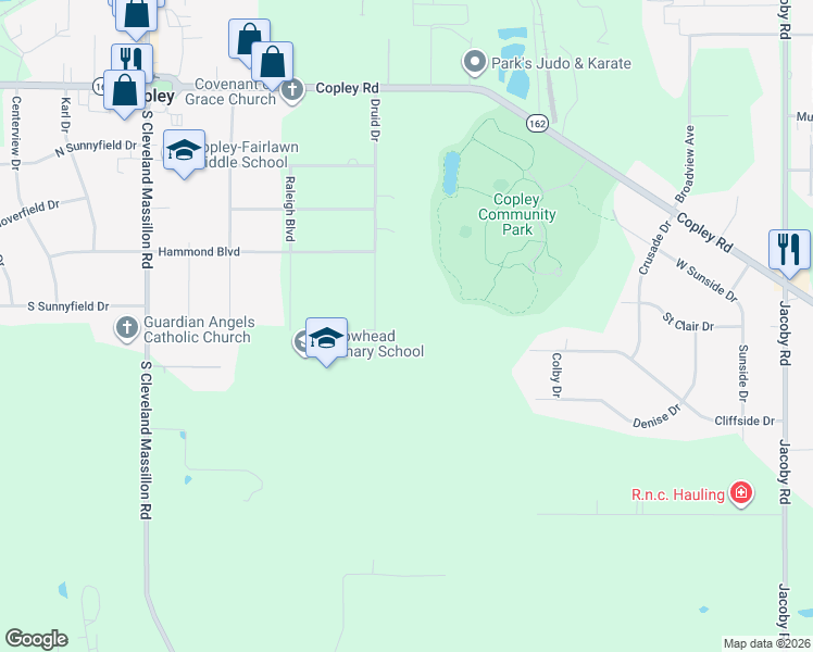 map of restaurants, bars, coffee shops, grocery stores, and more near 1581 Druid Drive in Akron