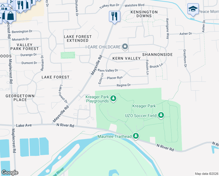map of restaurants, bars, coffee shops, grocery stores, and more near 7401 Regina Drive in Fort Wayne