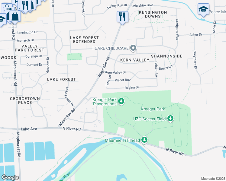 map of restaurants, bars, coffee shops, grocery stores, and more near 7401 Regina Drive in Fort Wayne