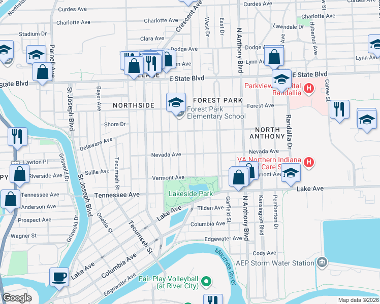 map of restaurants, bars, coffee shops, grocery stores, and more near 1816 Alabama Avenue in Fort Wayne