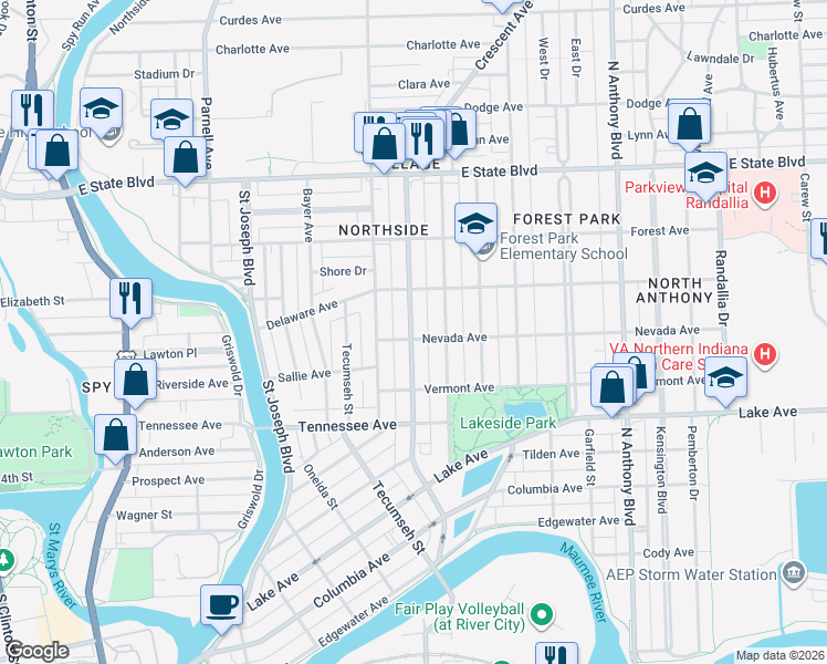 map of restaurants, bars, coffee shops, grocery stores, and more near 1820 Crescent Avenue in Fort Wayne