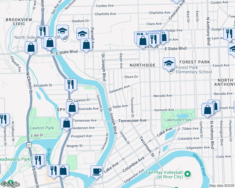 map of restaurants, bars, coffee shops, grocery stores, and more near 904 Delaware Avenue in Fort Wayne