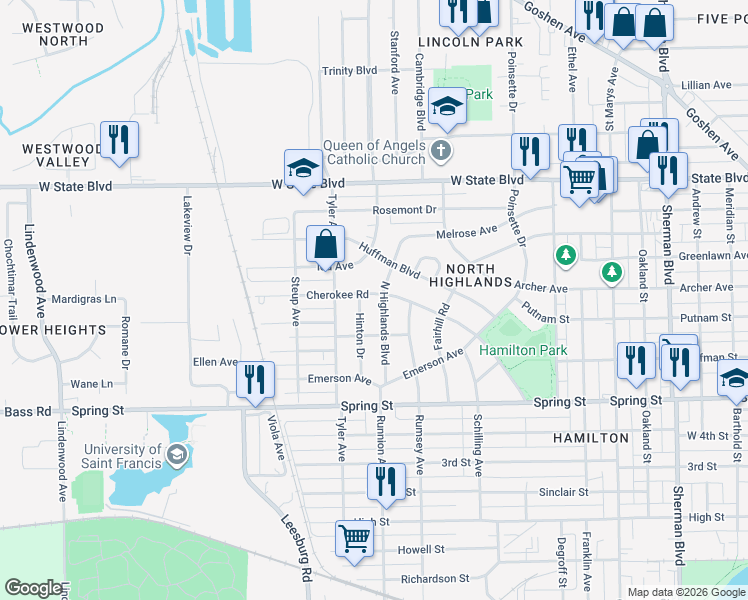map of restaurants, bars, coffee shops, grocery stores, and more near 1824 Cherokee Road in Fort Wayne