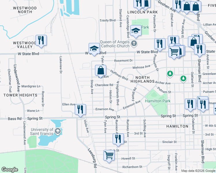 map of restaurants, bars, coffee shops, grocery stores, and more near 1824 Cherokee Road in Fort Wayne