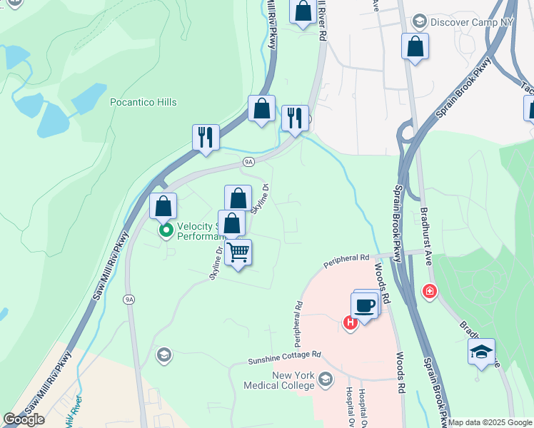 map of restaurants, bars, coffee shops, grocery stores, and more near 3 Skyline Drive in Hawthorne