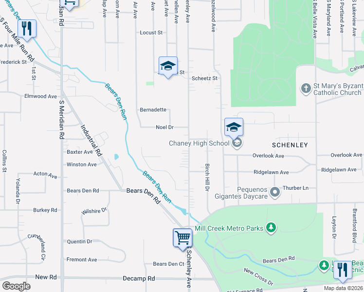 map of restaurants, bars, coffee shops, grocery stores, and more near 660 South Schenley Avenue in Youngstown