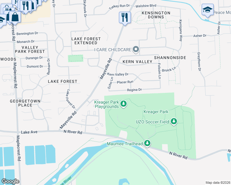map of restaurants, bars, coffee shops, grocery stores, and more near 7401 Regina Drive in Fort Wayne