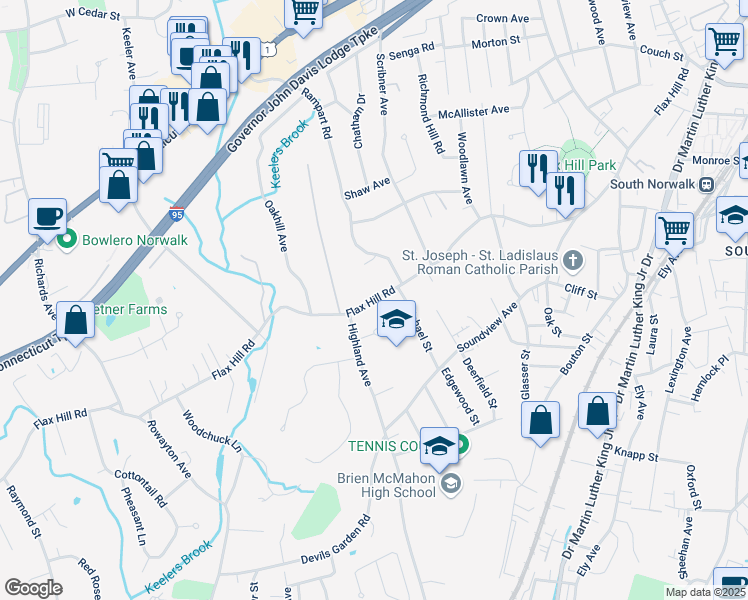 map of restaurants, bars, coffee shops, grocery stores, and more near 350 Flax Hill Road in Norwalk