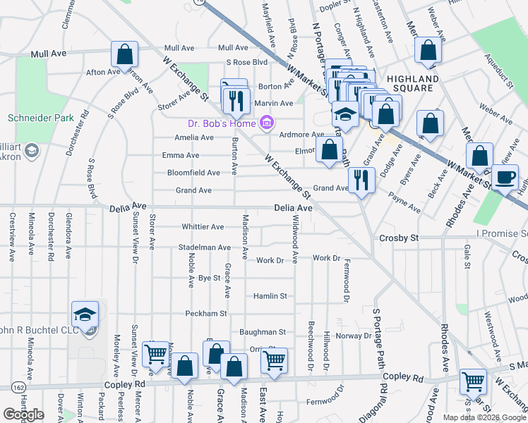 map of restaurants, bars, coffee shops, grocery stores, and more near 907 Delia Avenue in Akron