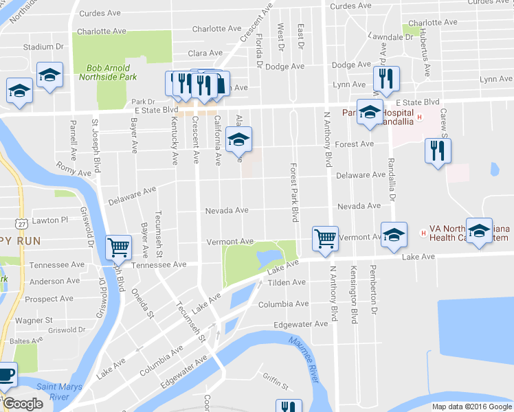 map of restaurants, bars, coffee shops, grocery stores, and more near 1421 Nevada Avenue in Fort Wayne