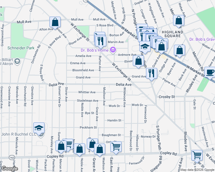 map of restaurants, bars, coffee shops, grocery stores, and more near 944 Delia Avenue in Akron