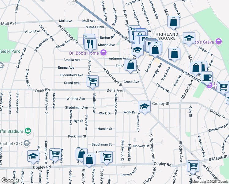 map of restaurants, bars, coffee shops, grocery stores, and more near 880 Delia Avenue in Akron