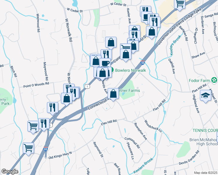 map of restaurants, bars, coffee shops, grocery stores, and more near 40 Richards Avenue in Norwalk