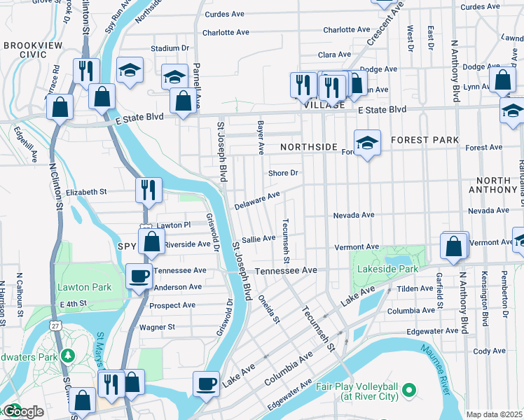 map of restaurants, bars, coffee shops, grocery stores, and more near 1815 Bayer Avenue in Fort Wayne