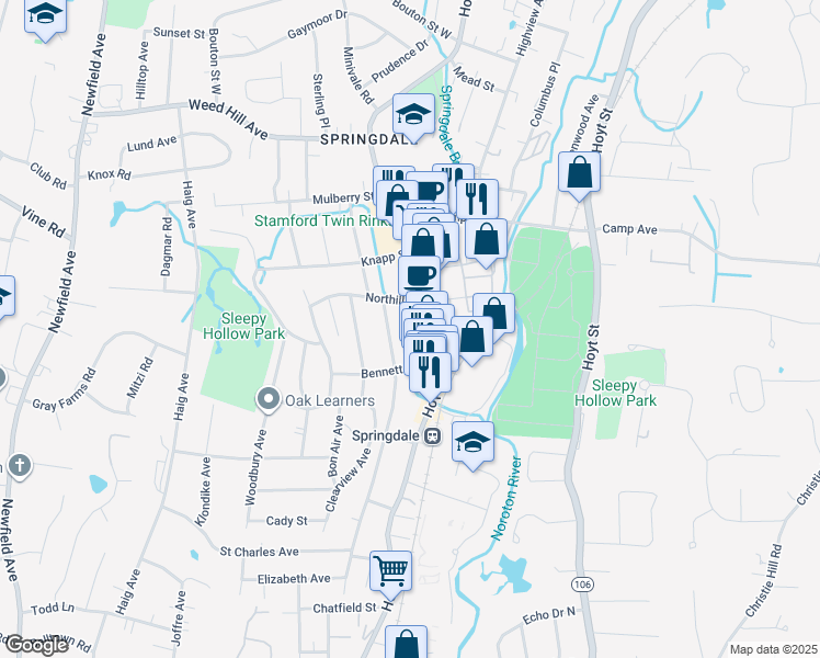 map of restaurants, bars, coffee shops, grocery stores, and more near 1005 Hope Street in Stamford