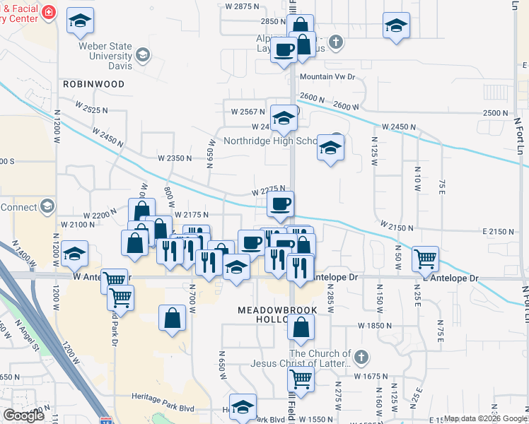 map of restaurants, bars, coffee shops, grocery stores, and more near 498 West 2200 North in Layton