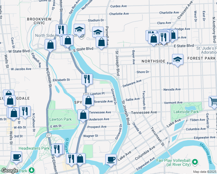map of restaurants, bars, coffee shops, grocery stores, and more near 1600 Griswold Drive in Fort Wayne