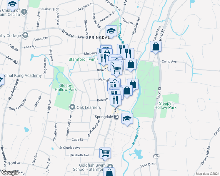 map of restaurants, bars, coffee shops, grocery stores, and more near 1005 Hope Street in Stamford