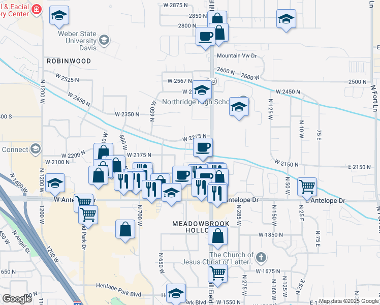 map of restaurants, bars, coffee shops, grocery stores, and more near 506 West 2200 North in Layton