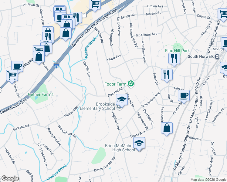 map of restaurants, bars, coffee shops, grocery stores, and more near 347 Flax Hill Road in Norwalk