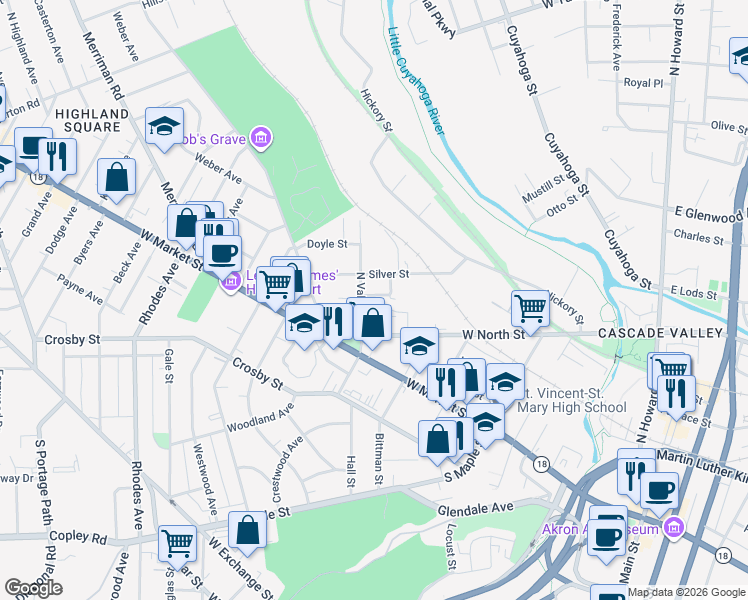 map of restaurants, bars, coffee shops, grocery stores, and more near 338 Gold Street in Akron