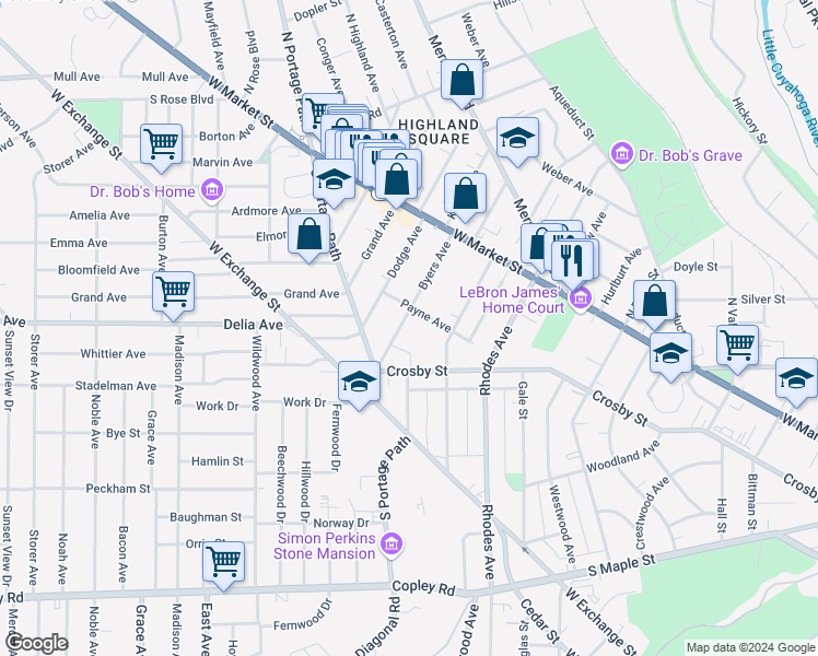 map of restaurants, bars, coffee shops, grocery stores, and more near 109 Byers Avenue in Akron