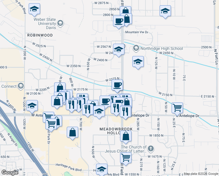 map of restaurants, bars, coffee shops, grocery stores, and more near 2234 North 500 West in Layton