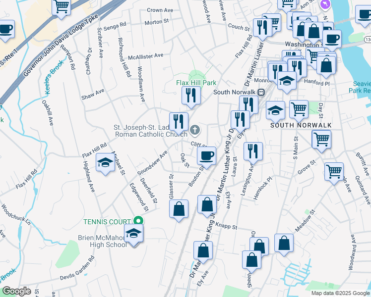 map of restaurants, bars, coffee shops, grocery stores, and more near 2 Ridge Street in Norwalk