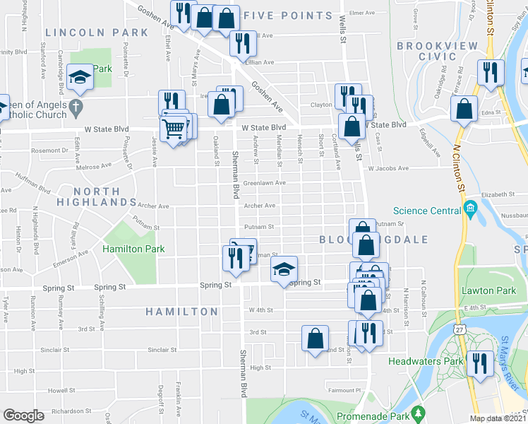 map of restaurants, bars, coffee shops, grocery stores, and more near 726 Archer Avenue in Fort Wayne