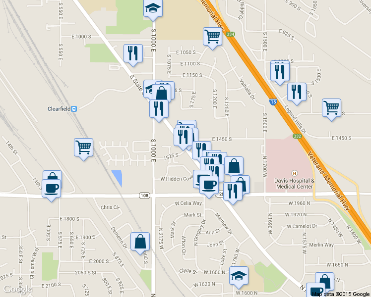 map of restaurants, bars, coffee shops, grocery stores, and more near 1540 South State Street in Clearfield