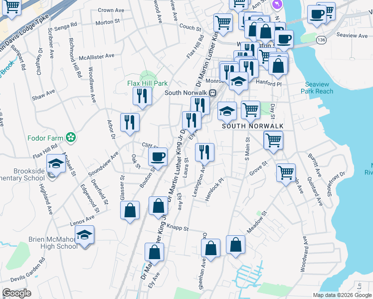 map of restaurants, bars, coffee shops, grocery stores, and more near 139 Ely Avenue in Norwalk