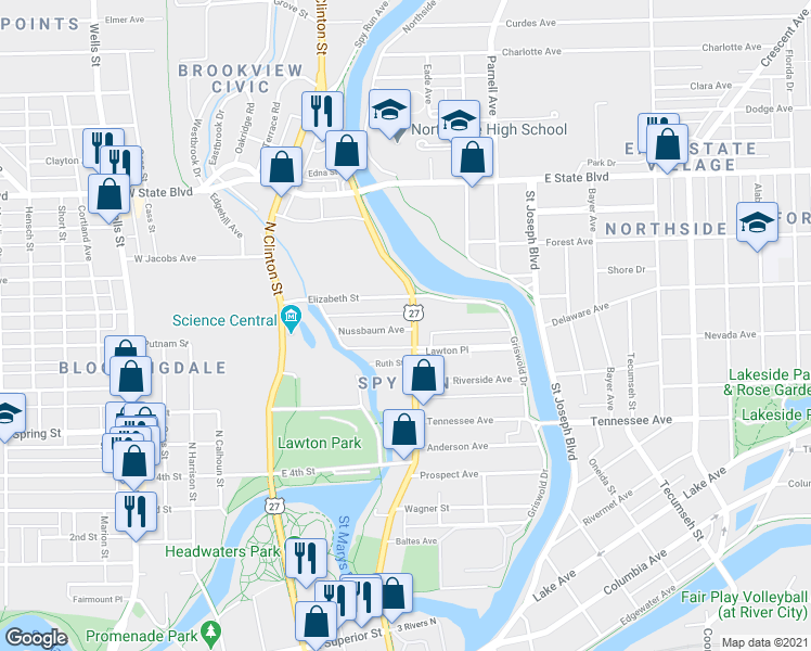map of restaurants, bars, coffee shops, grocery stores, and more near 1903 Spy Run Avenue in Fort Wayne