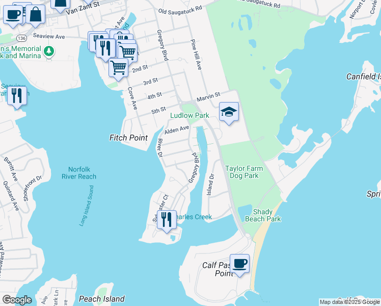 map of restaurants, bars, coffee shops, grocery stores, and more near 142 Gregory Boulevard in Norwalk