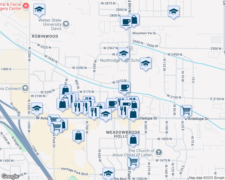 map of restaurants, bars, coffee shops, grocery stores, and more near 2211 525 West in Layton