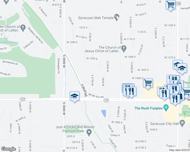map of restaurants, bars, coffee shops, grocery stores, and more near 1487 South 2750 West in Syracuse