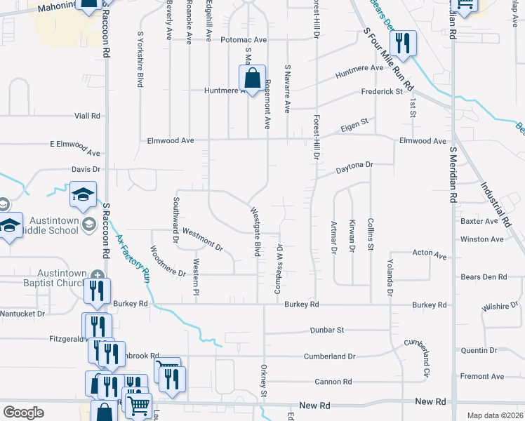 map of restaurants, bars, coffee shops, grocery stores, and more near 474 Westgate Boulevard in Youngstown
