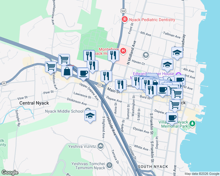 map of restaurants, bars, coffee shops, grocery stores, and more near 63 Catherine Street in Nyack