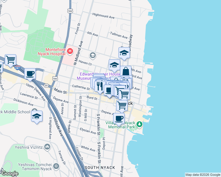 map of restaurants, bars, coffee shops, grocery stores, and more near 91 High Avenue in Nyack
