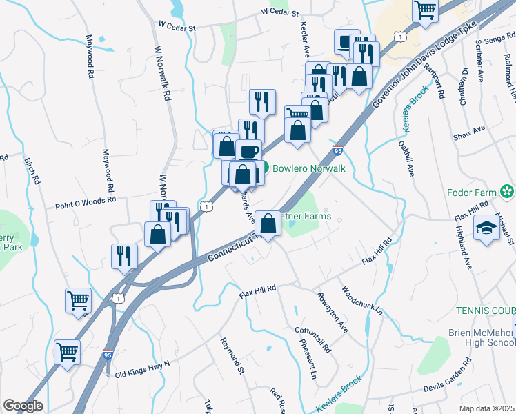 map of restaurants, bars, coffee shops, grocery stores, and more near 40 Richards Avenue in Norwalk