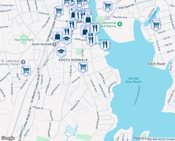 map of restaurants, bars, coffee shops, grocery stores, and more near 88 Day St in Norwalk