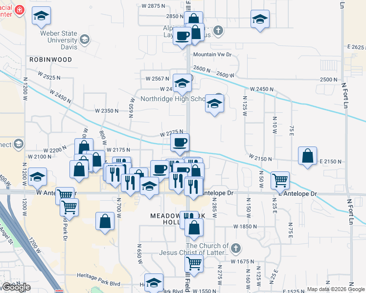 map of restaurants, bars, coffee shops, grocery stores, and more near 2214 North 450 West in Layton