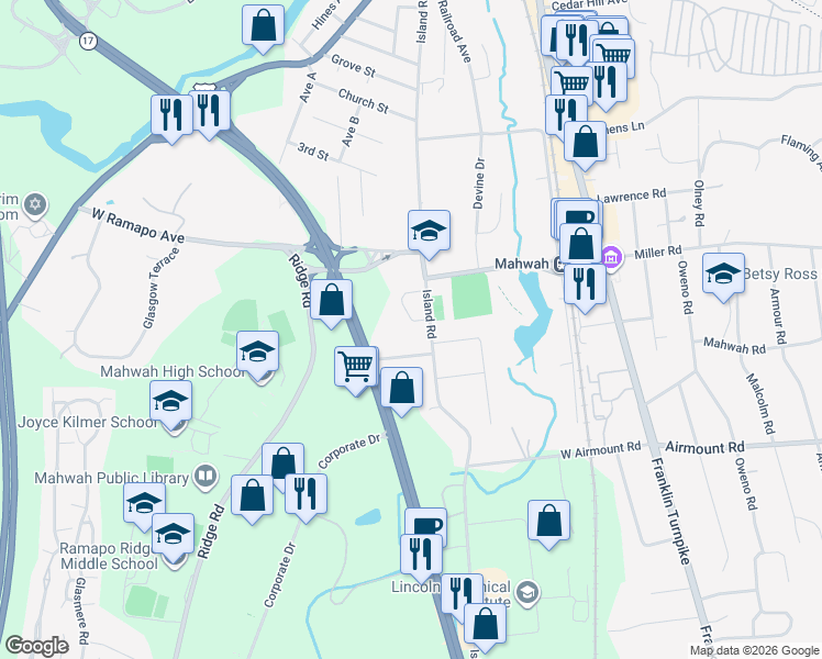 map of restaurants, bars, coffee shops, grocery stores, and more near 26 Beehive Court in Mahwah