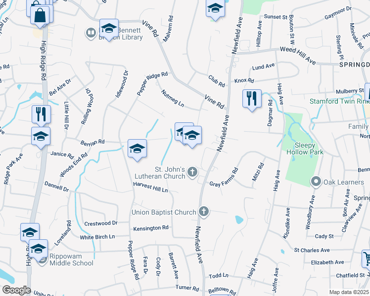 map of restaurants, bars, coffee shops, grocery stores, and more near 948 Newfield Avenue in Stamford