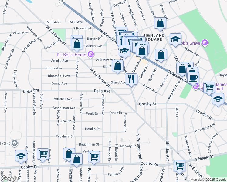 map of restaurants, bars, coffee shops, grocery stores, and more near Delia Ave & W Exchange St in Akron