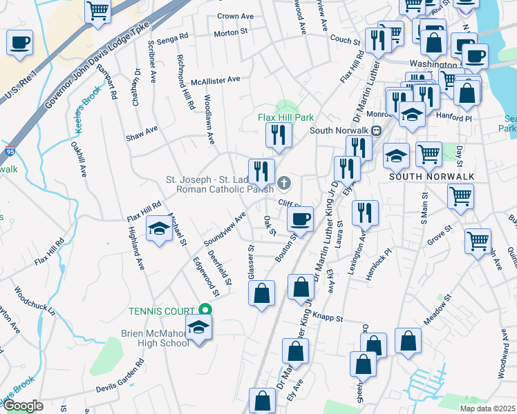 map of restaurants, bars, coffee shops, grocery stores, and more near 26 Soundview Avenue in Norwalk